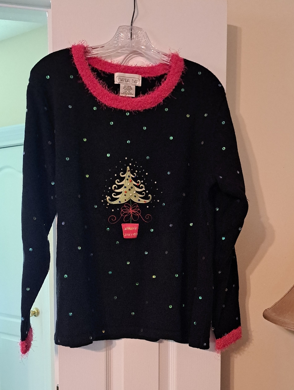 Women's Black Sequin Christmas Tree Sweater with Pink Fuzzy Trim